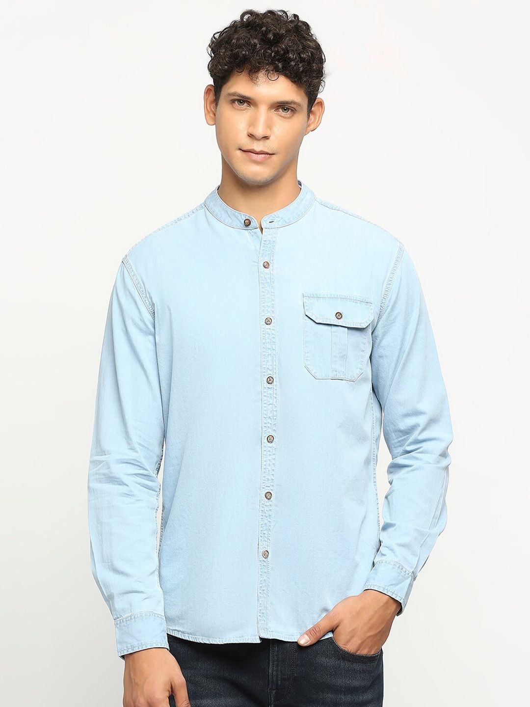 

BEAT LONDON by PEPE JEANS Slim Fit Mandarin Collar Pure Cotton Casual Shirt, Blue