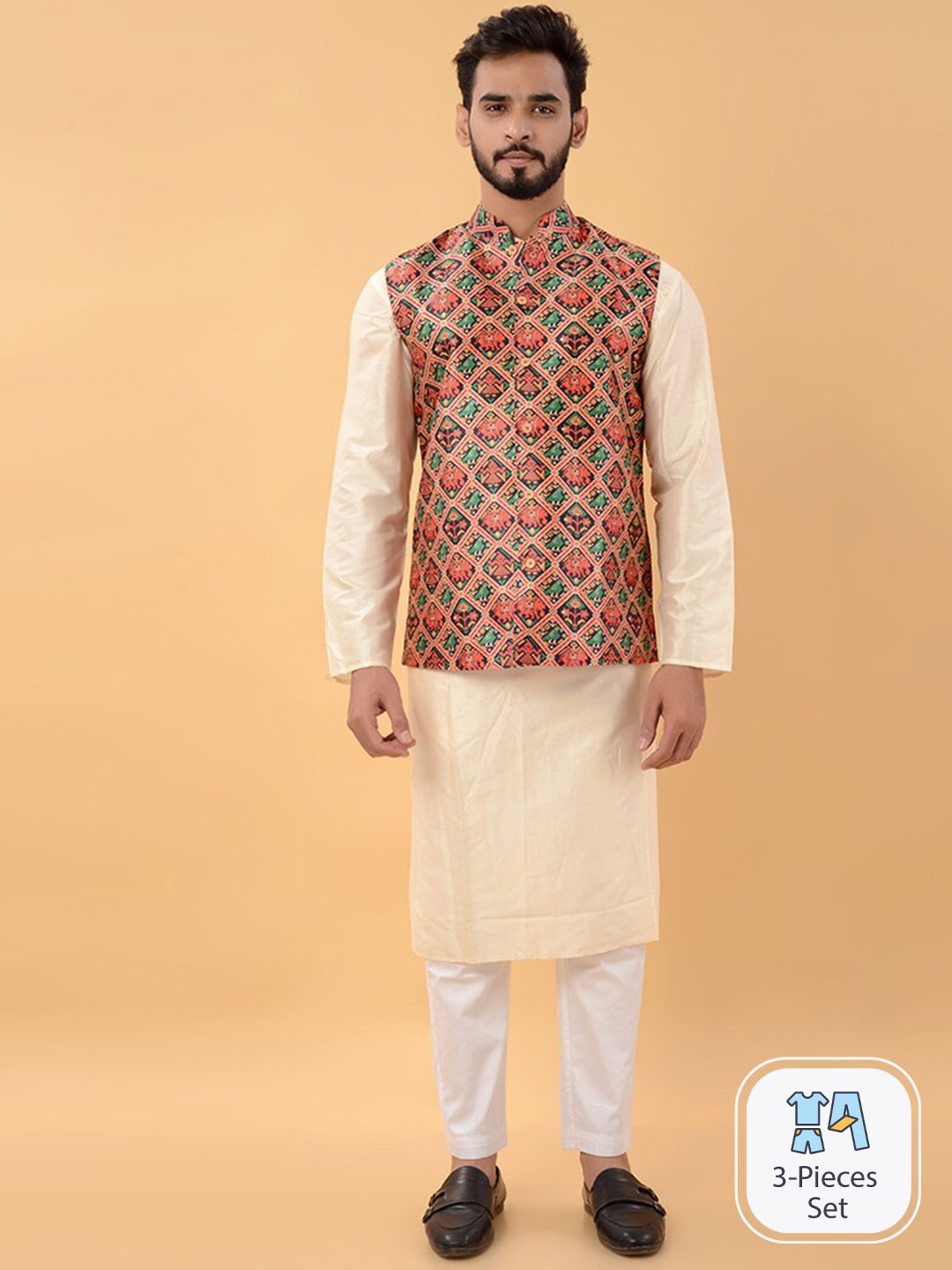 

House of K.C Ethnic Motifs Printed Crop Nehru Jacket, Beige