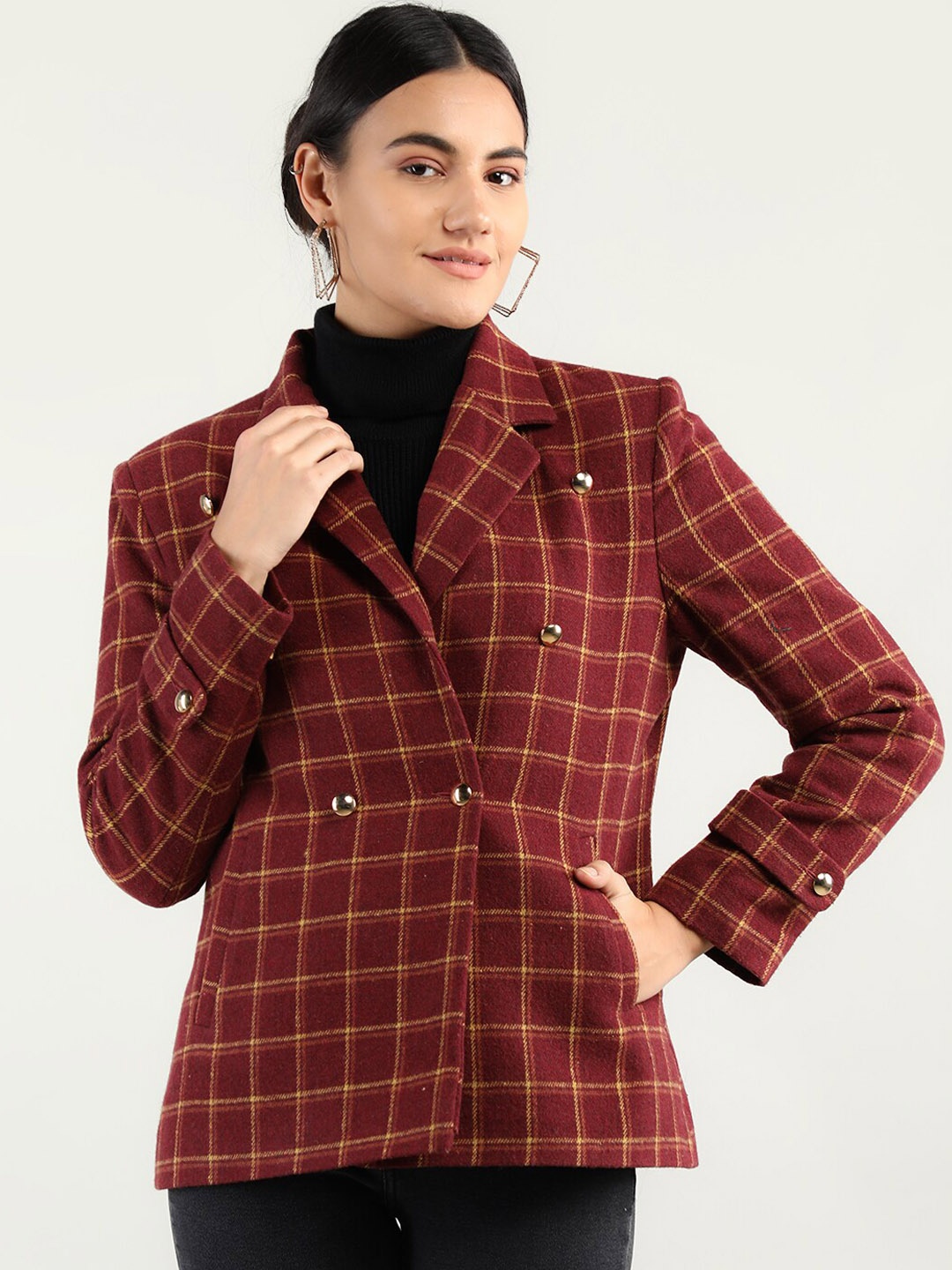 

CHKOKKO Checked Double-breasted Overcoat, Maroon