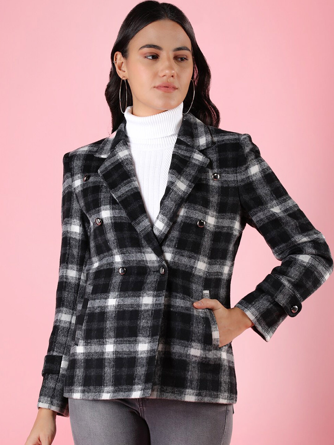 

CHKOKKO Double-breasted Checked Overcoat, Black
