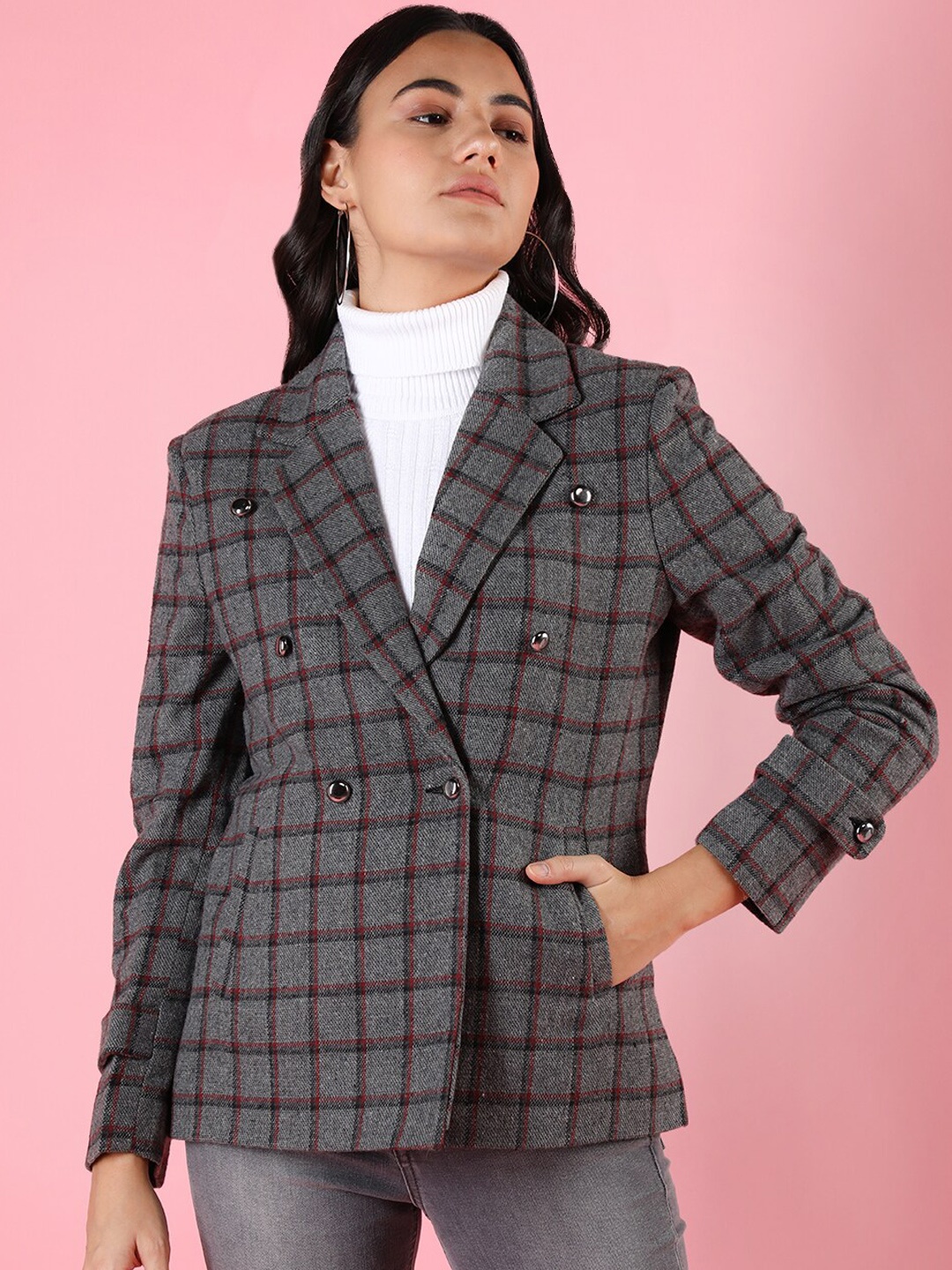 

CHKOKKO Checked Double-breasted Overcoat, Grey