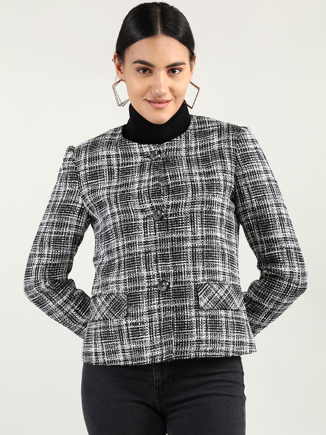 

CHKOKKO Checked Single-breasted Overcoat, Black