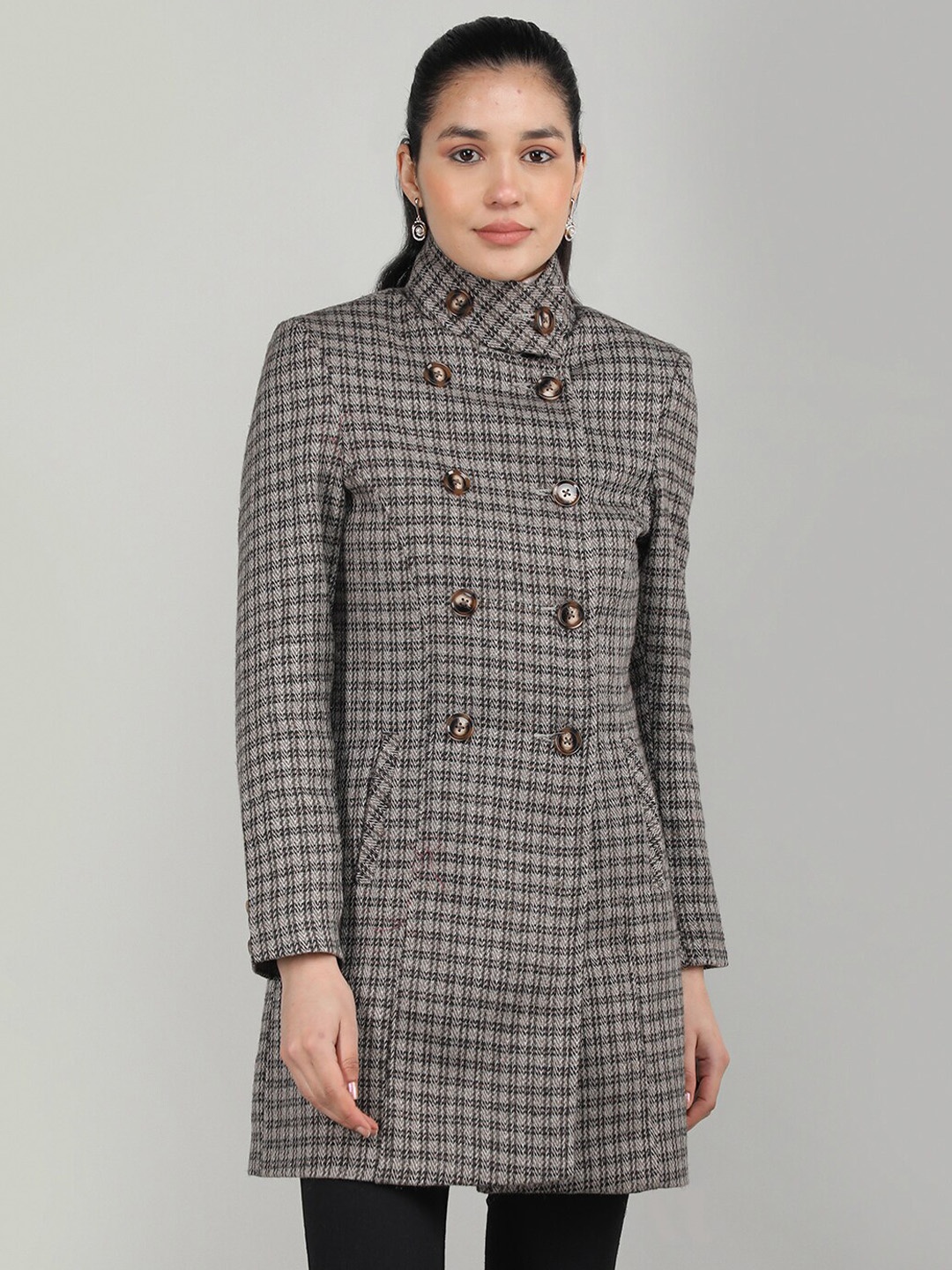 

CHKOKKO Stand Collar Checked Double-breasted Pea Coat, Grey