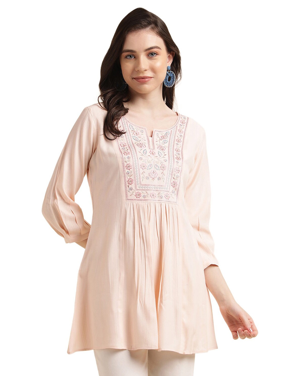 

Nimayaa Floral Embroidered Longline A-line Top, Peach