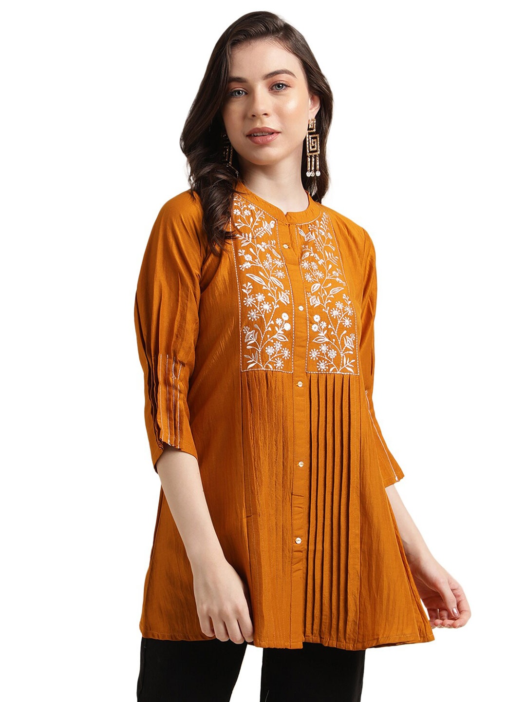 

Nimayaa Floral Embroidered Mandarin Collar Pleated A-line Longline Top, Mustard