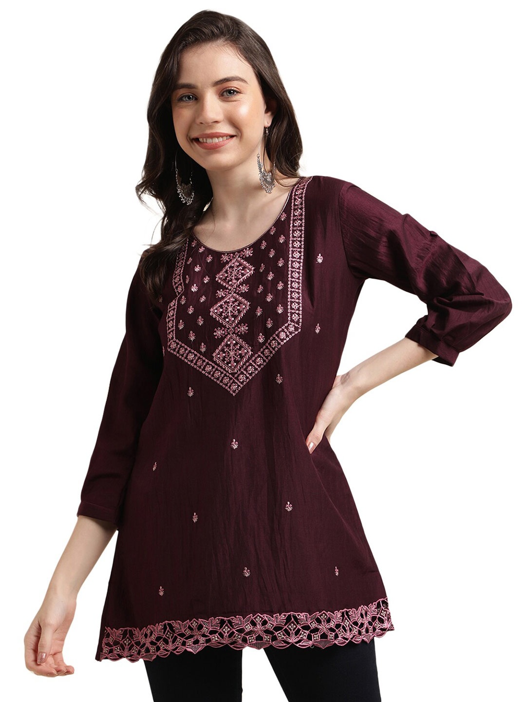 

Nimayaa Ethnic Motifs Embroidered Round Neck Longline Top, Magenta