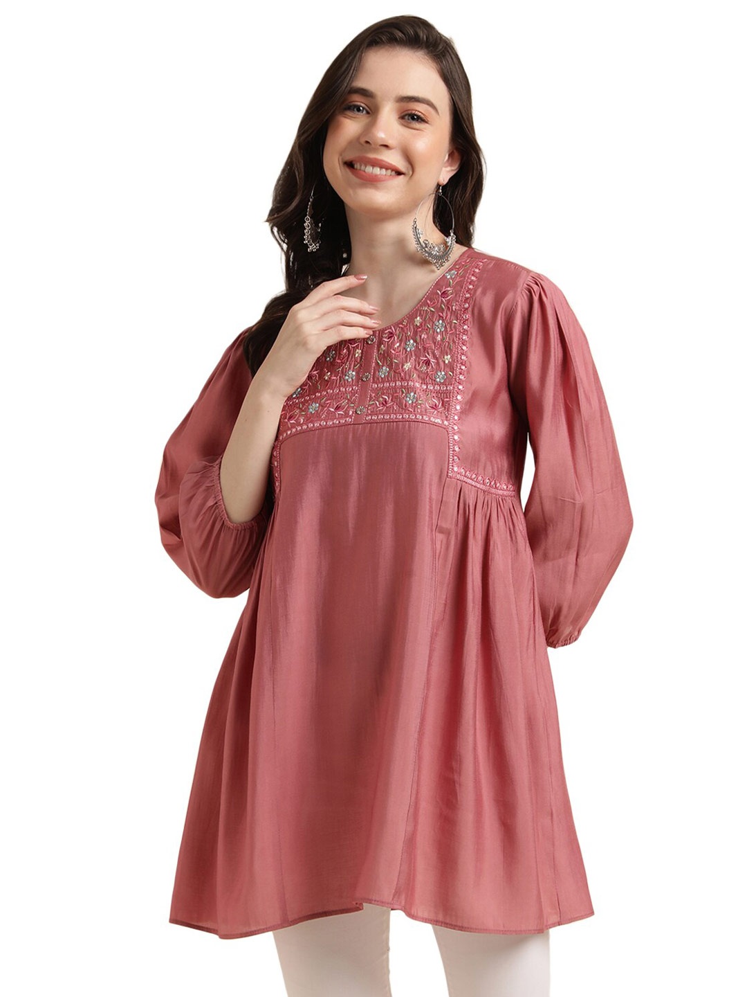 

Nimayaa Floral Embroidered Longline A-line Top, Pink