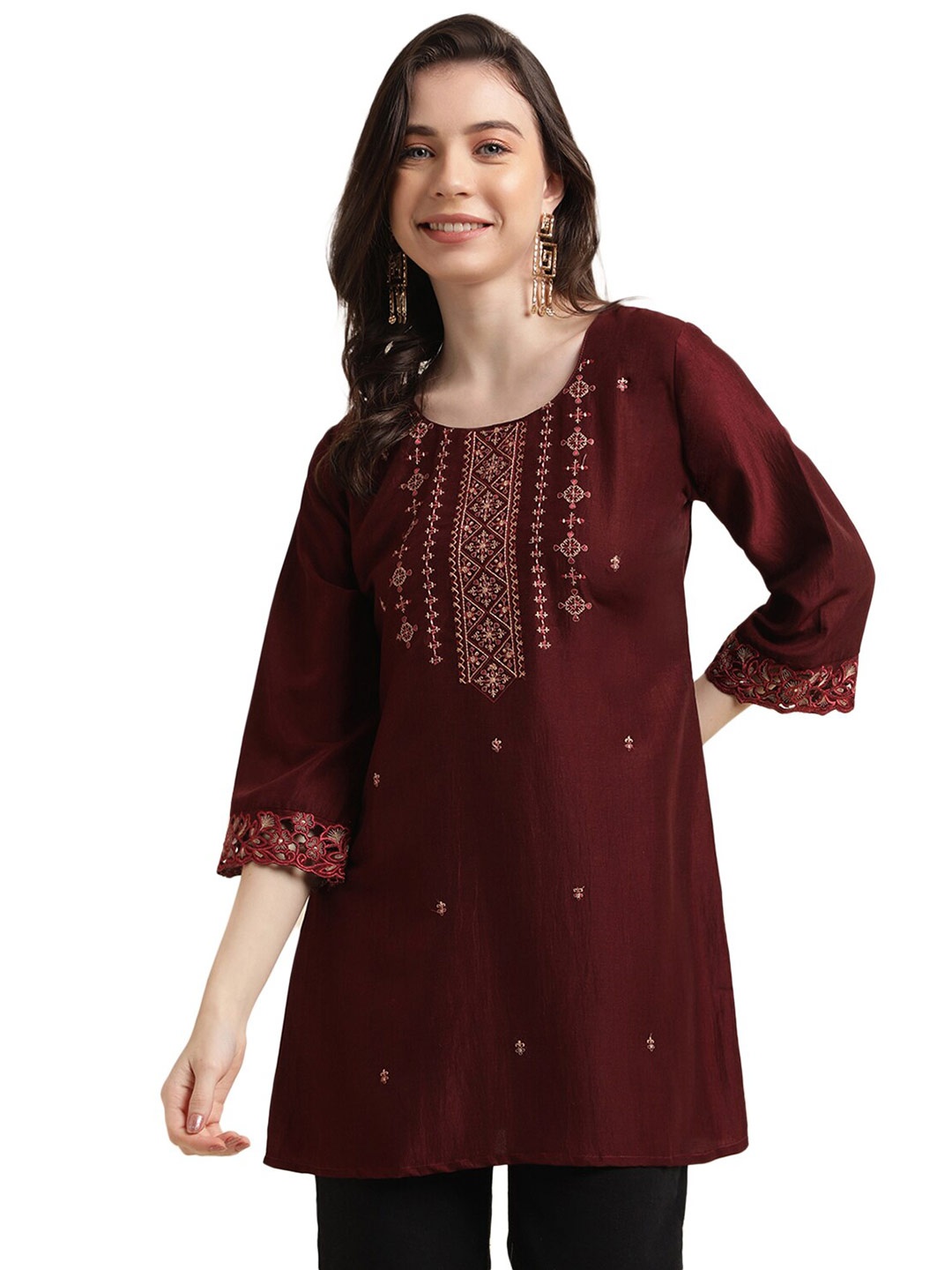 

Nimayaa Ethnic Motifs Embroidered A Line Tunic, Maroon