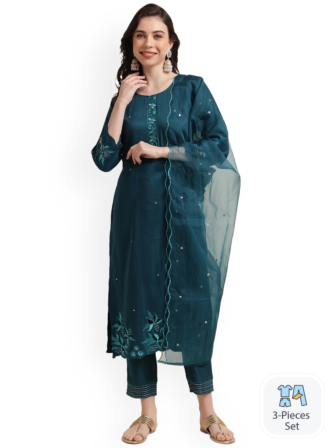 

Nimayaa Floral Embroidered Sequinned Kurta With Trousers & Dupatta, Teal