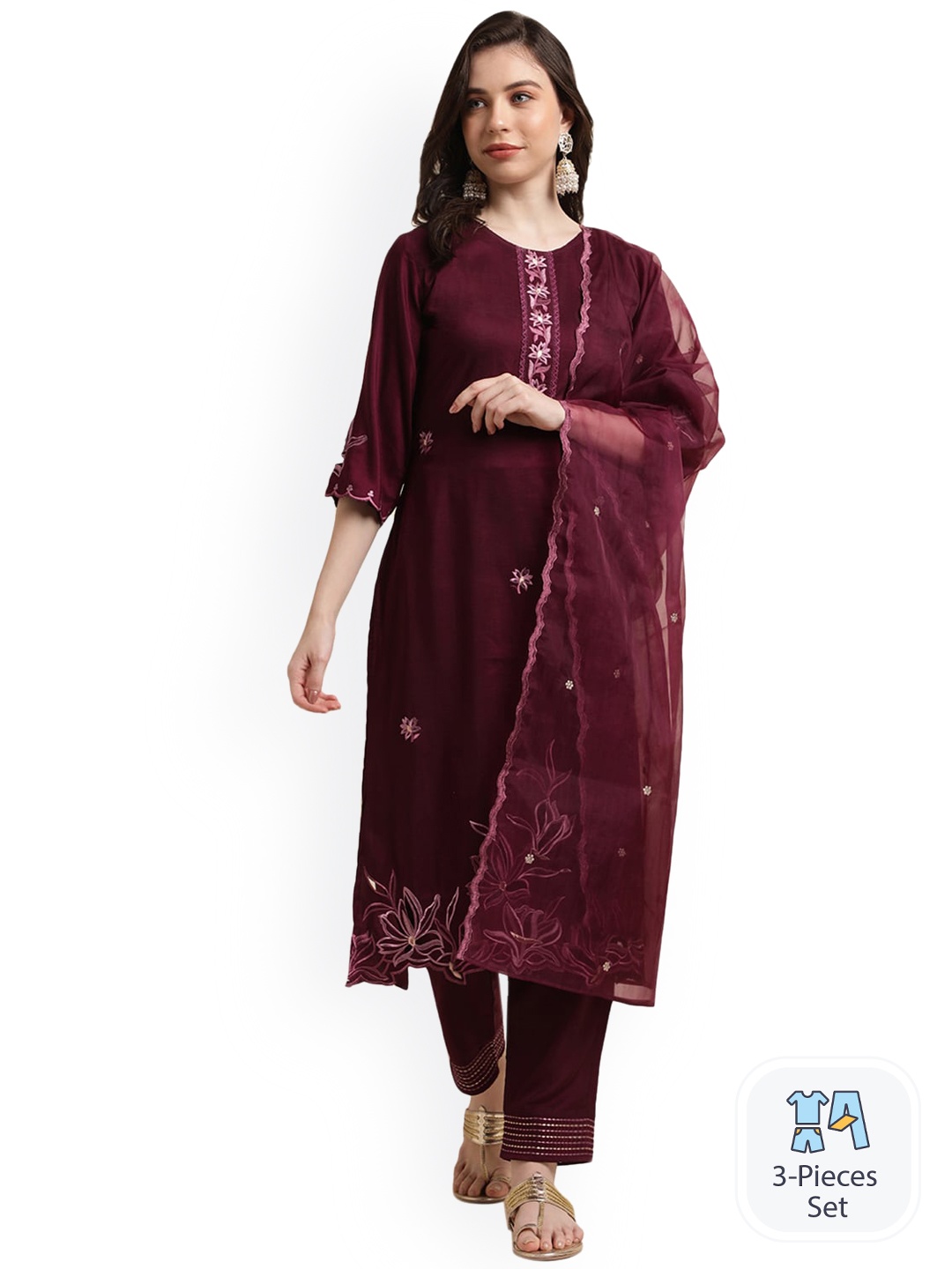 

Nimayaa Floral Embroidered Kurta With Trousers & Dupatta, Purple