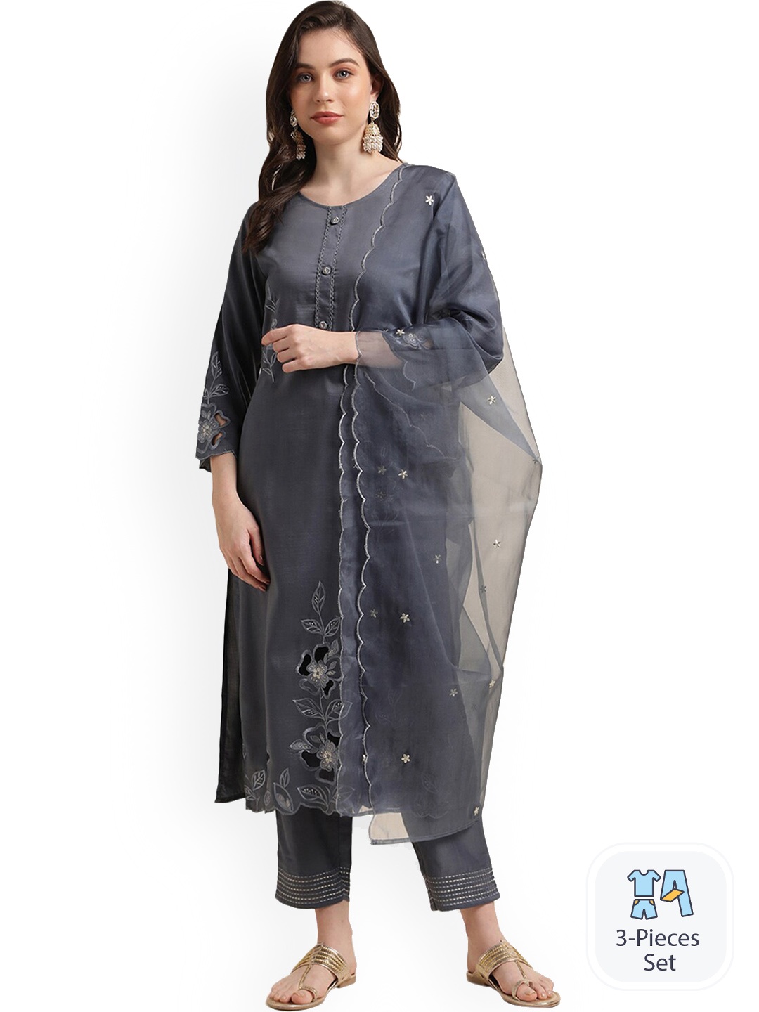 

Nimayaa Floral Embroidered Sequinned Kurta With Trousers & Dupatta, Grey