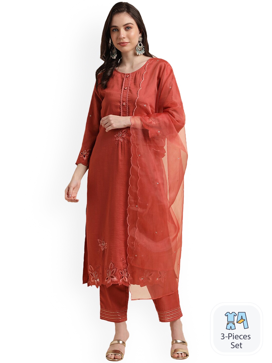 

Nimayaa Floral Embroidered Straight Kurta & Trousers With Dupatta, Orange