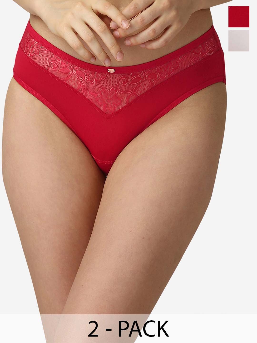 

Soie Pack Of 2 Mid Rise Laced Basic Briefs, Red