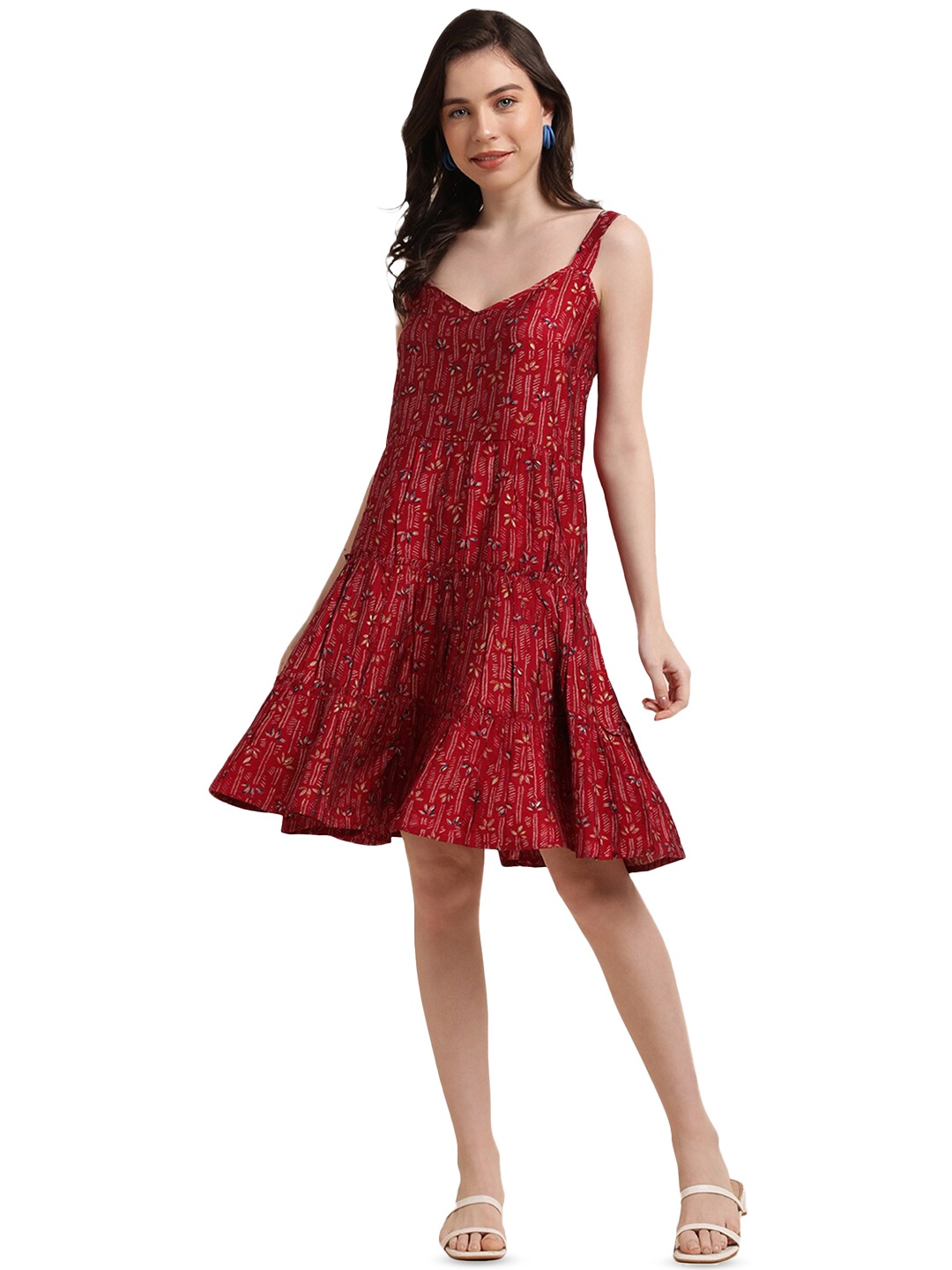 

Nimayaa Floral Printed Shoulder Straps Pleated Tiered Flounce Hem A-Line Dress, Red