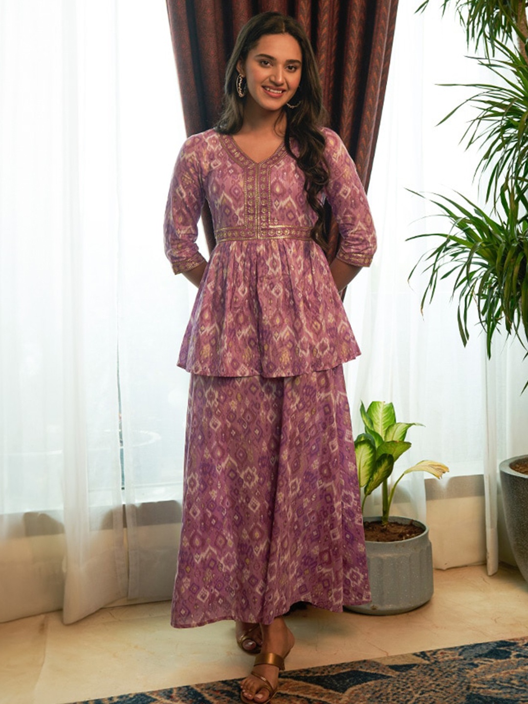 

AURELIA Ethnic Motif Printed Sequinned Cotton Fit & Flare Midi Dress, Purple