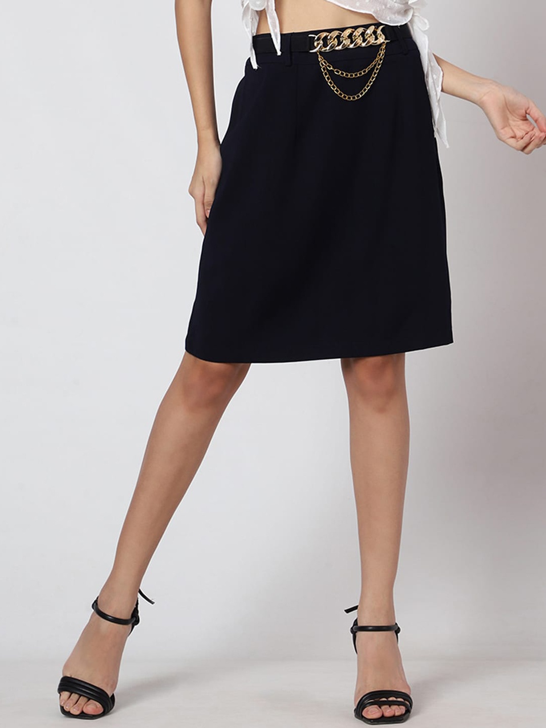 

Prettify Knee Length A-Line Skirt With Belt, Navy blue