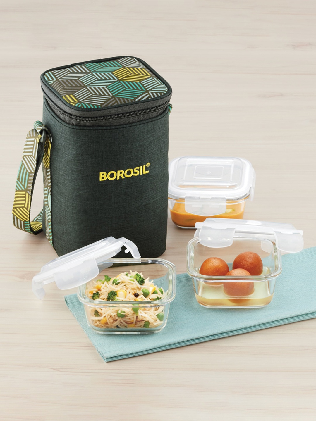 

BOROSIL Foodluck 3-Pieces Transparent & Olive Green Glass Lunch Boxs With Bag 320 ml