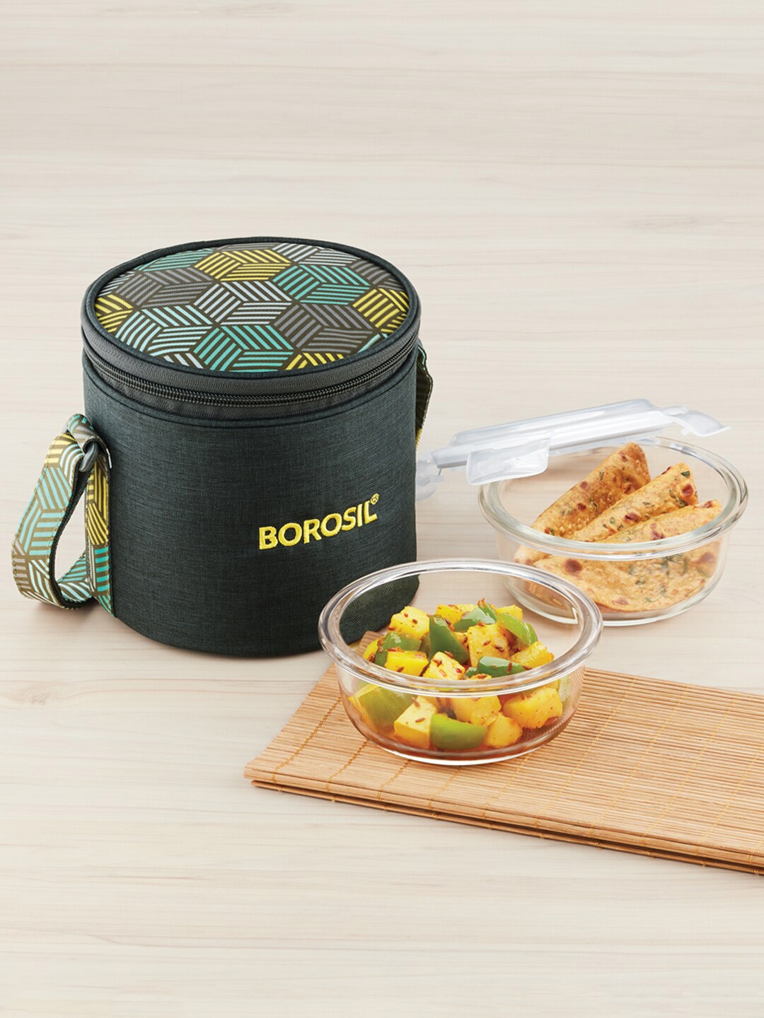 

BOROSIL Foodluck 2-Pcs Transparent & Olive Green Glass Lunch boxes With Lunch Bag