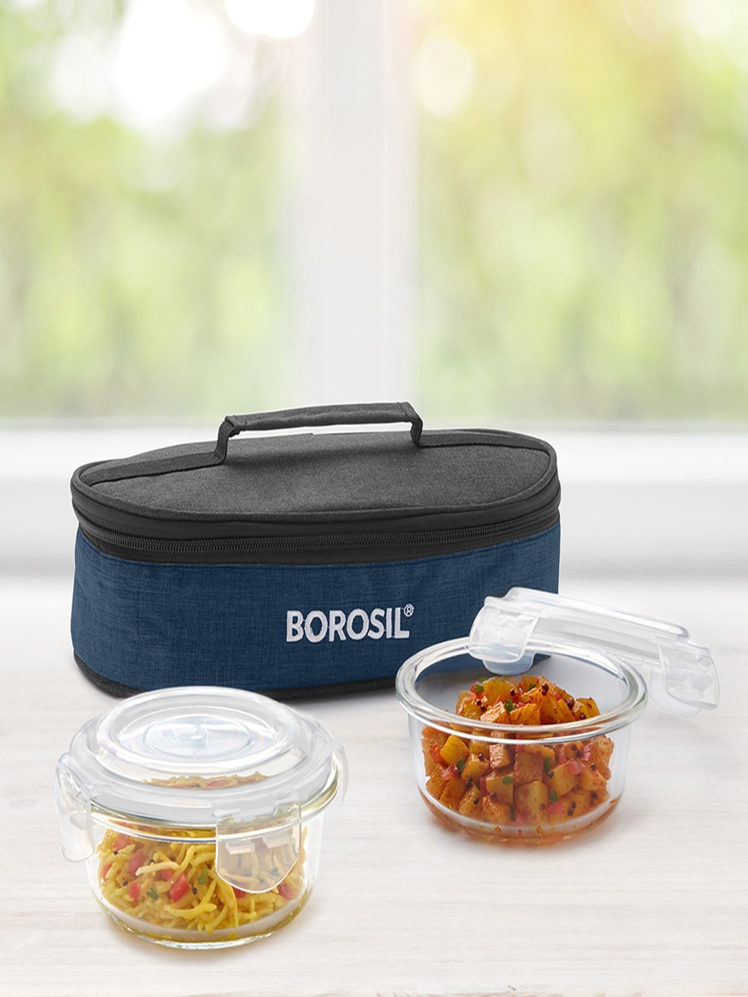 

BOROSIL Elite Blue 2 Pieces Borosilicate Glass Round Lunch Box with Bag 400 ml