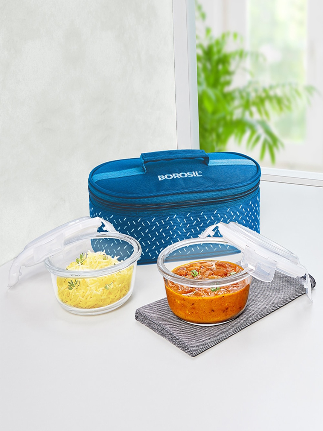 

BOROSIL 2-Pcs Teal Blue Glass BPA Free Lunch Box with Bag - 400 ML