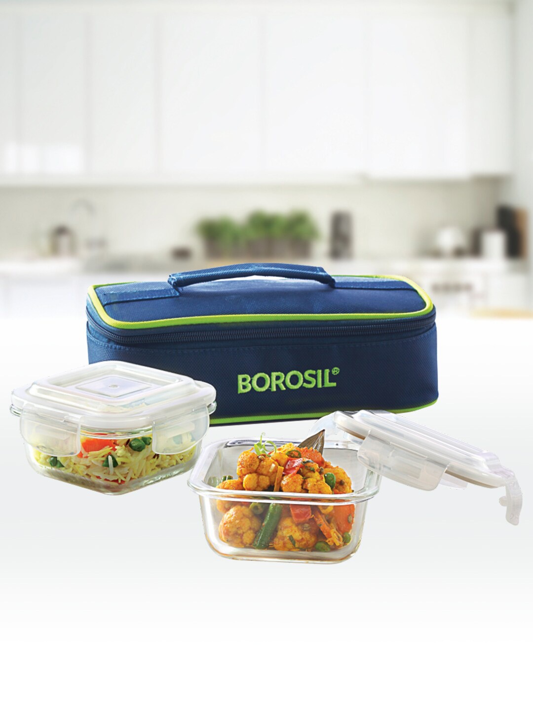 

BOROSIL Horizontal 2-Pcs Blue Borosilicate Glass Lunchbox With Bag - 320 ML each
