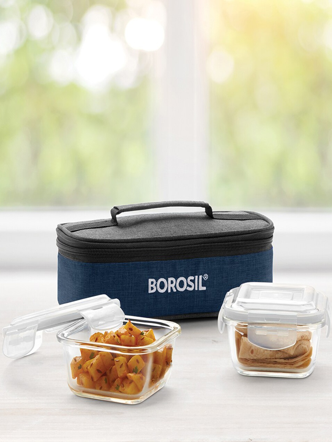 

BOROSIL Elite 2 Pieces Blue Borosilicate Glass Horizontal Lunch Box With Bag - 320 ML Each