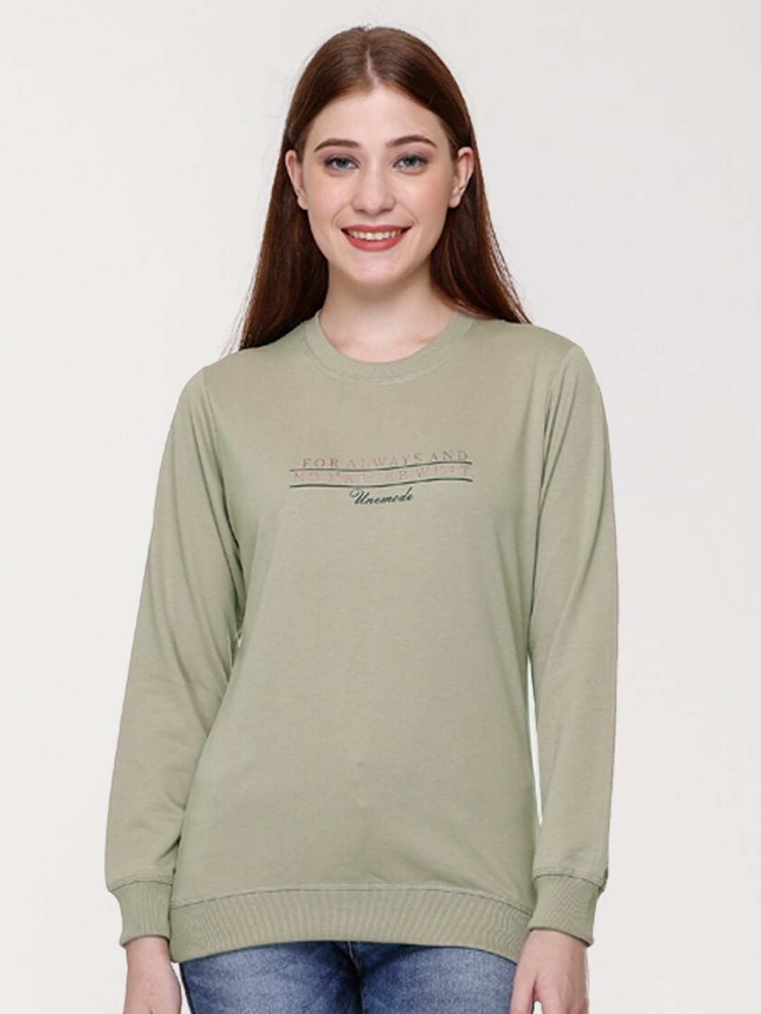 

UNEMODE Typography Printed Long Sleeve Pure Cotton Pullover Sweatshirt, Green