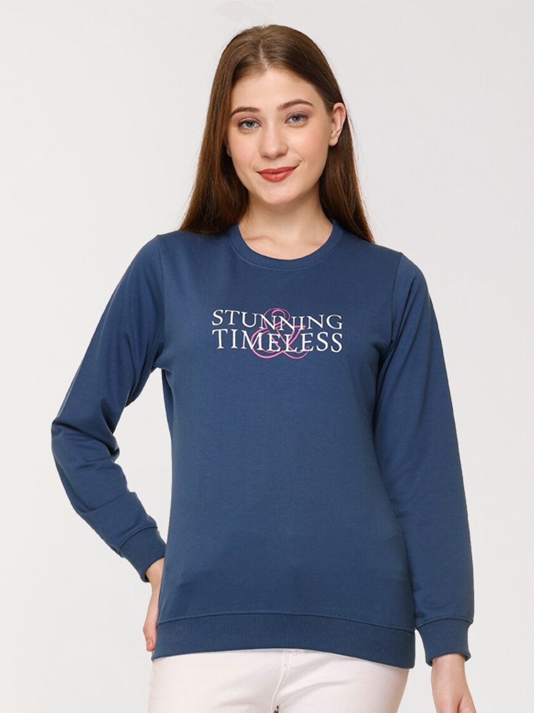 

UNEMODE Typography Printed Long Sleeve Pure Cotton Pullover Sweatshirt, Blue