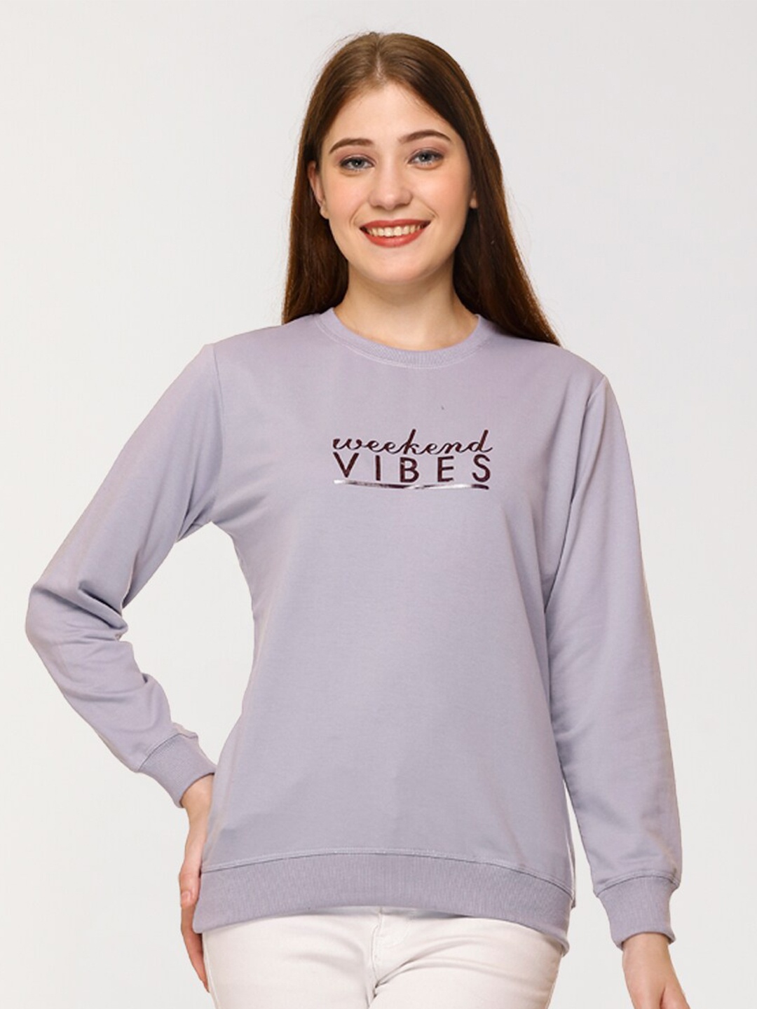 

UNEMODE Typography Printed Long Sleeve Pure Cotton Pullover Sweatshirt, Purple