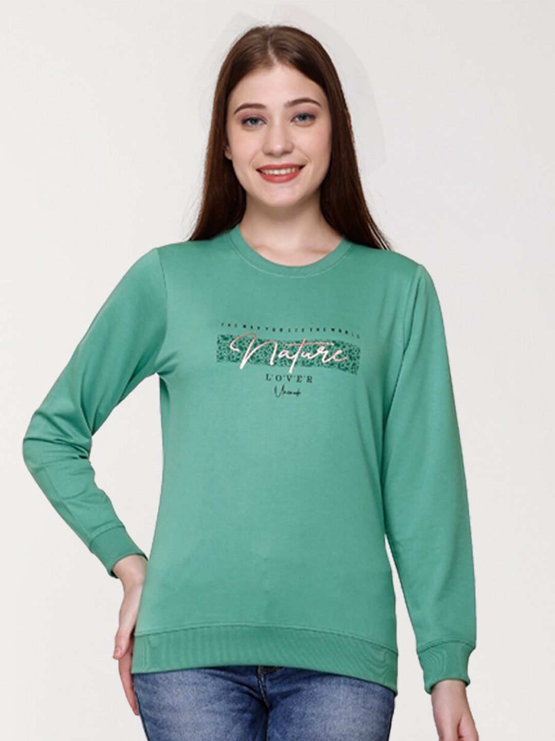 

UNEMODE Typography Printed Long Sleeves Cotton Pullover Sweatshirt, Green
