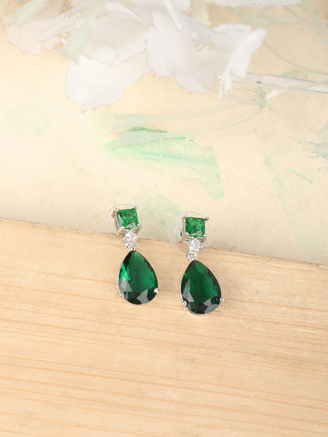 

ZaffreCollections Silver Plated Teardrop Shaped American Diamond Studded Drop Earrings
