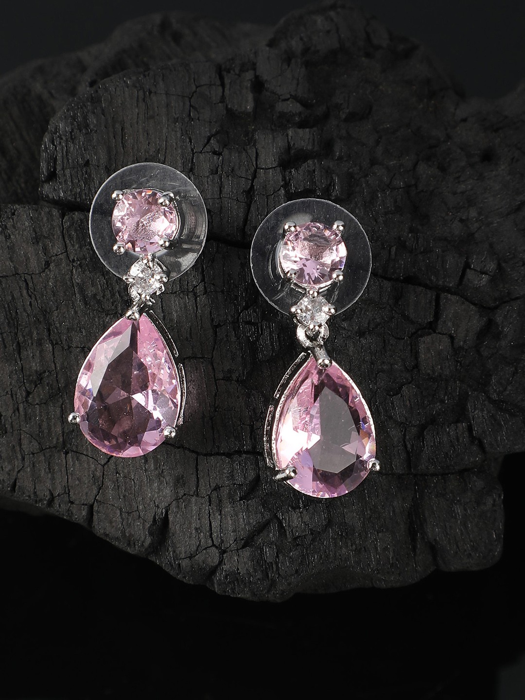 

ZaffreCollections Rhodium-Plated Stone-Studded Teardrop Shaped Dangle Drop Earrings, Silver