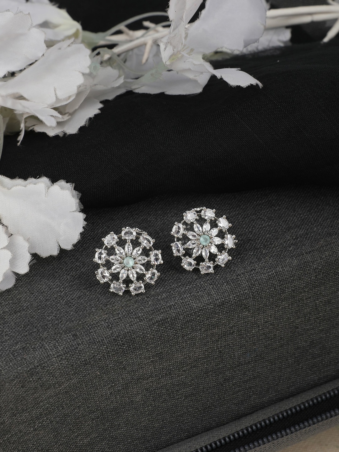 

ZaffreCollections Rhodium Plated Floral American Diamond Studs Earrings, Silver