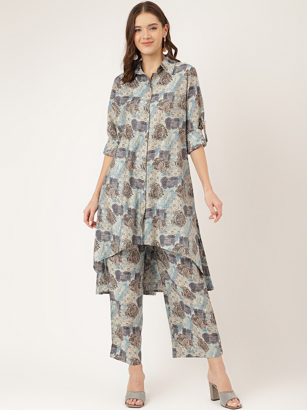 

Divena Printed High Low Shirt With Trousers, Blue