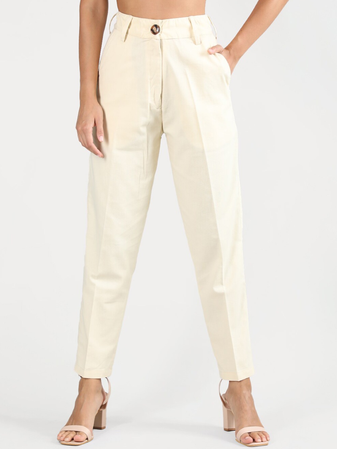 

CHKOKKO Women Mid-Rise Easy Wash Linen Formal Trousers, Cream