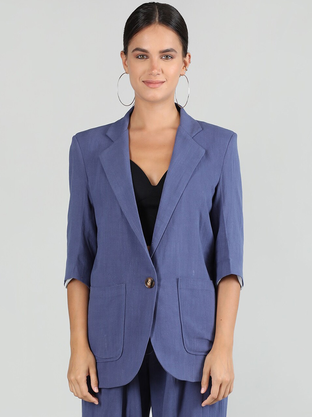 

CHKOKKO Notched Lapel Single-Breasted Casual Linen Blazer, Blue