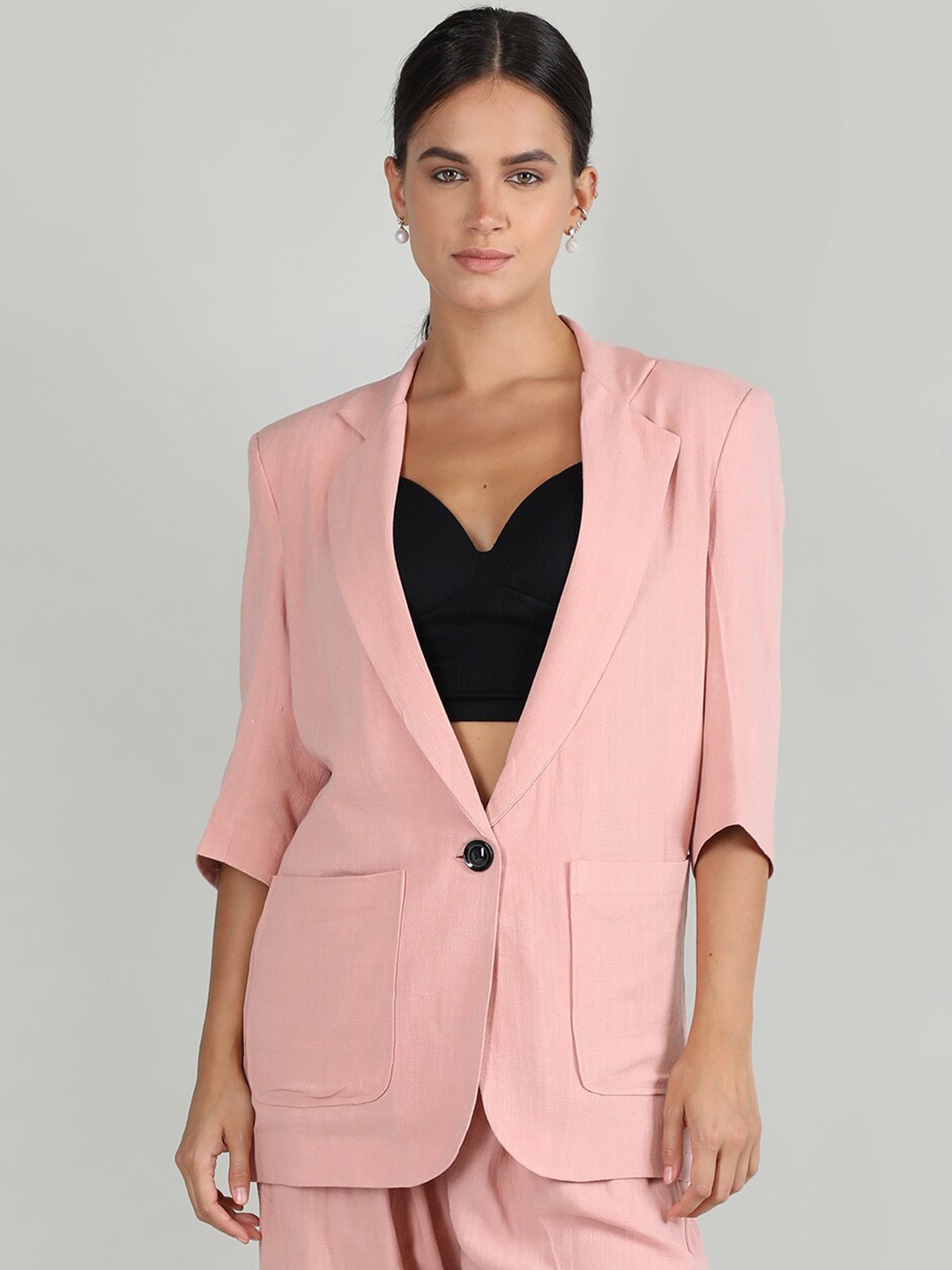 

CHKOKKO Single-Breasted Linen Casual Blazer, Peach