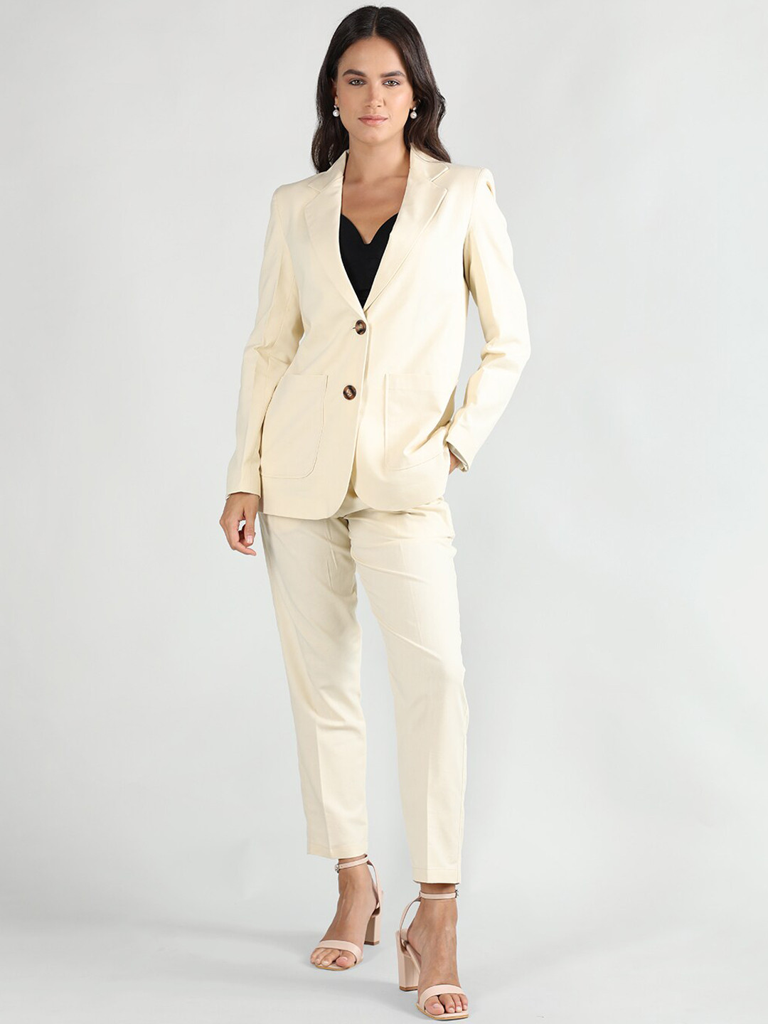 

CHKOKKO Notched Lapel Collar Single-Breasted Linen Two-Piece Suit, Cream