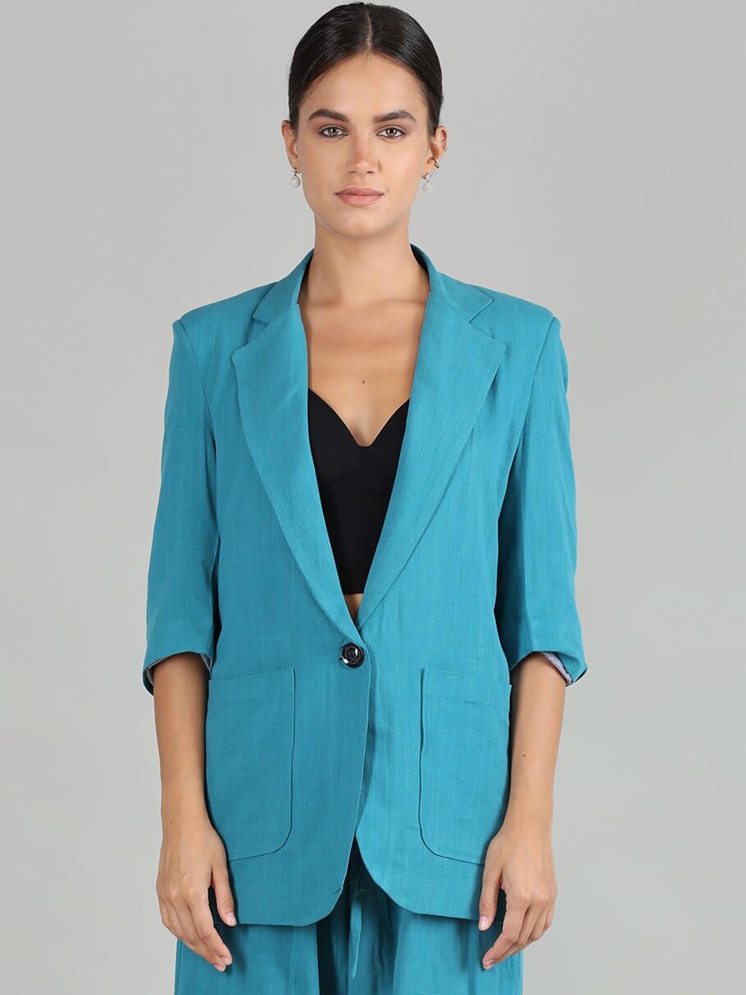 

CHKOKKO Single-Breasted Linen Casual Blazer, Blue