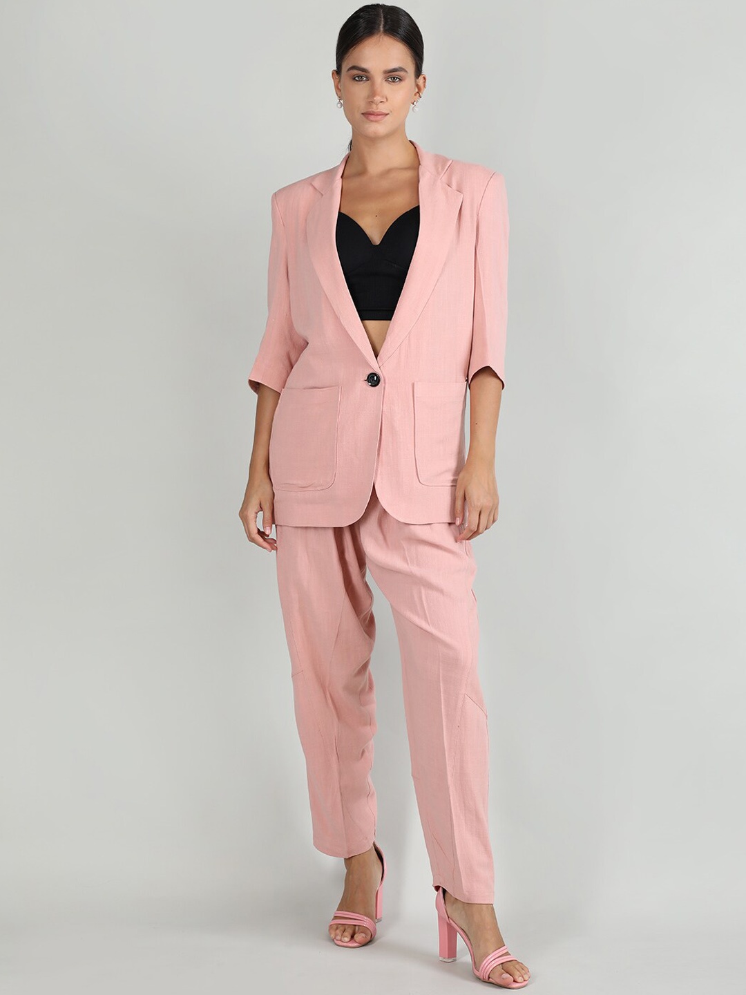 

CHKOKKO Notched Lapel Collar Single-Breasted Linen Two-Piece Suit, Peach