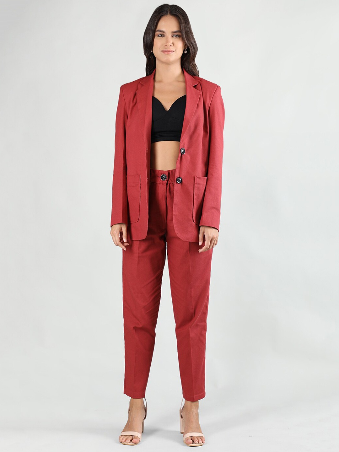 

CHKOKKO Notched Lapel Collar Single-Breasted Linen Two-Piece Suit, Maroon
