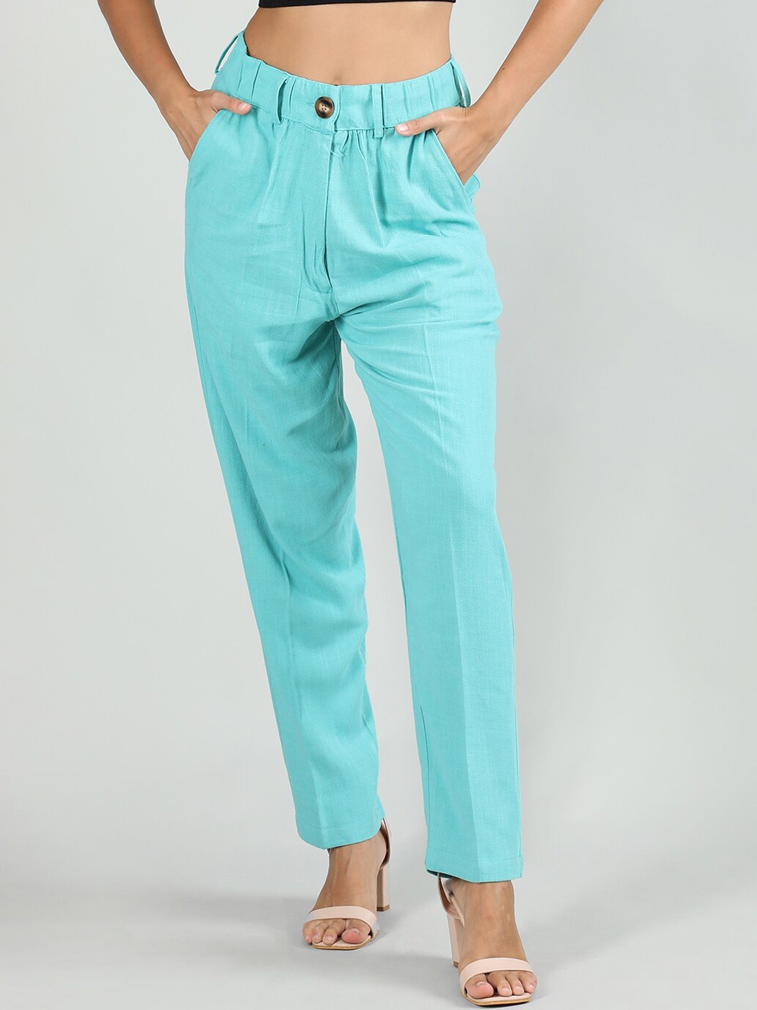 

CHKOKKO Women Mid-Rise Easy Wash Linen Formal Trousers, Sea green