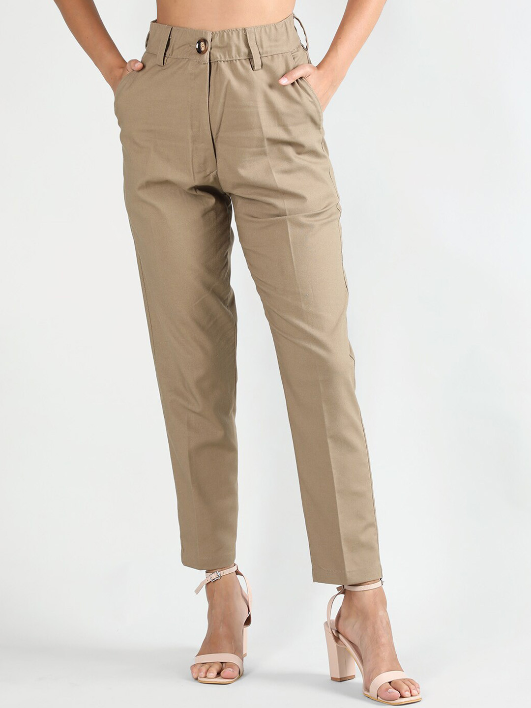 

CHKOKKO Women Mid-Rise Easy Wash Linen Formal Trousers, Camel brown
