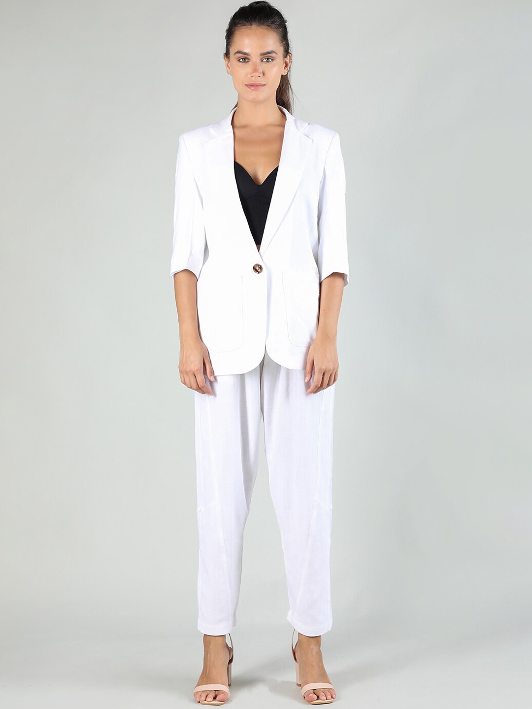 

CHKOKKO Notched Lapel Collar Single-Breasted Linen Two-Piece Suit, White