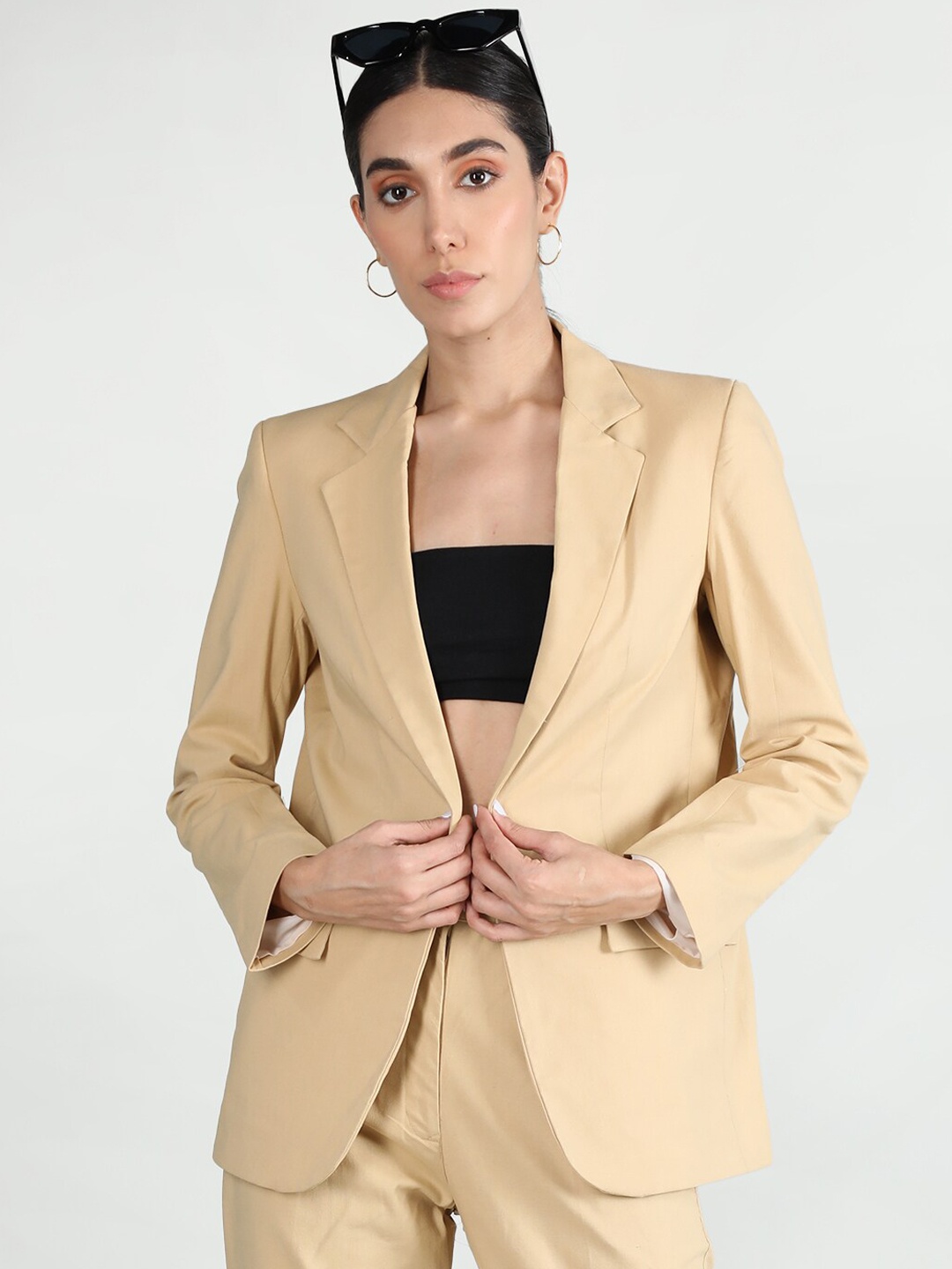 

CHKOKKO Single-Breasted Notched Lapel Linen Casual Blazer, Camel brown