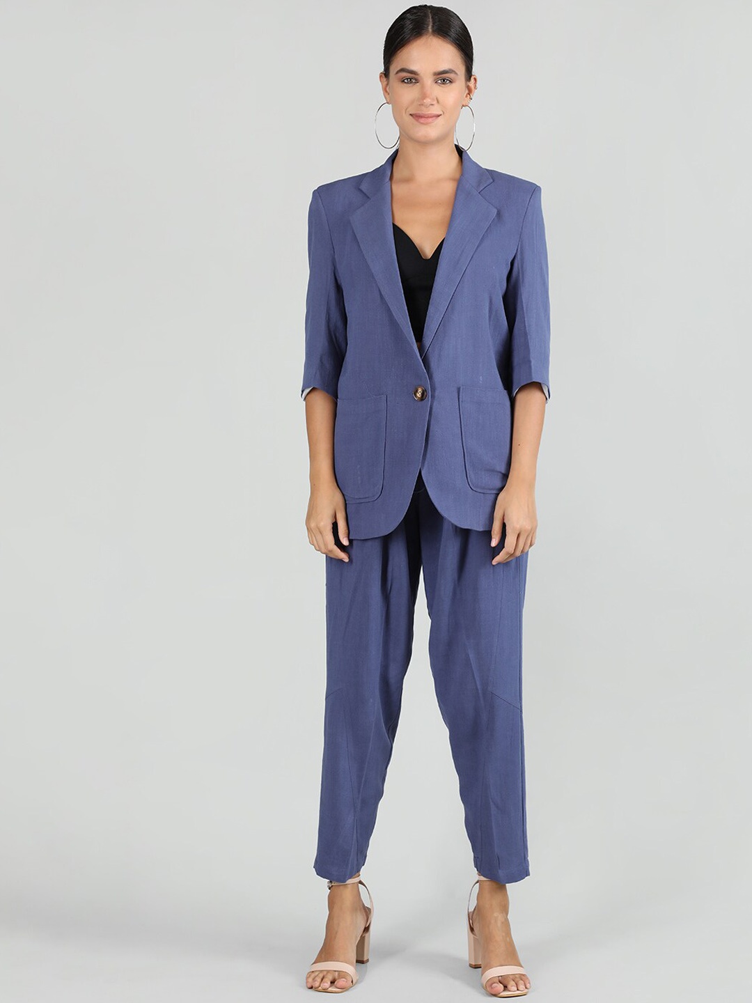 

CHKOKKO Notched Lapel Collar Single-Breasted Linen Two-Piece Suit, Blue