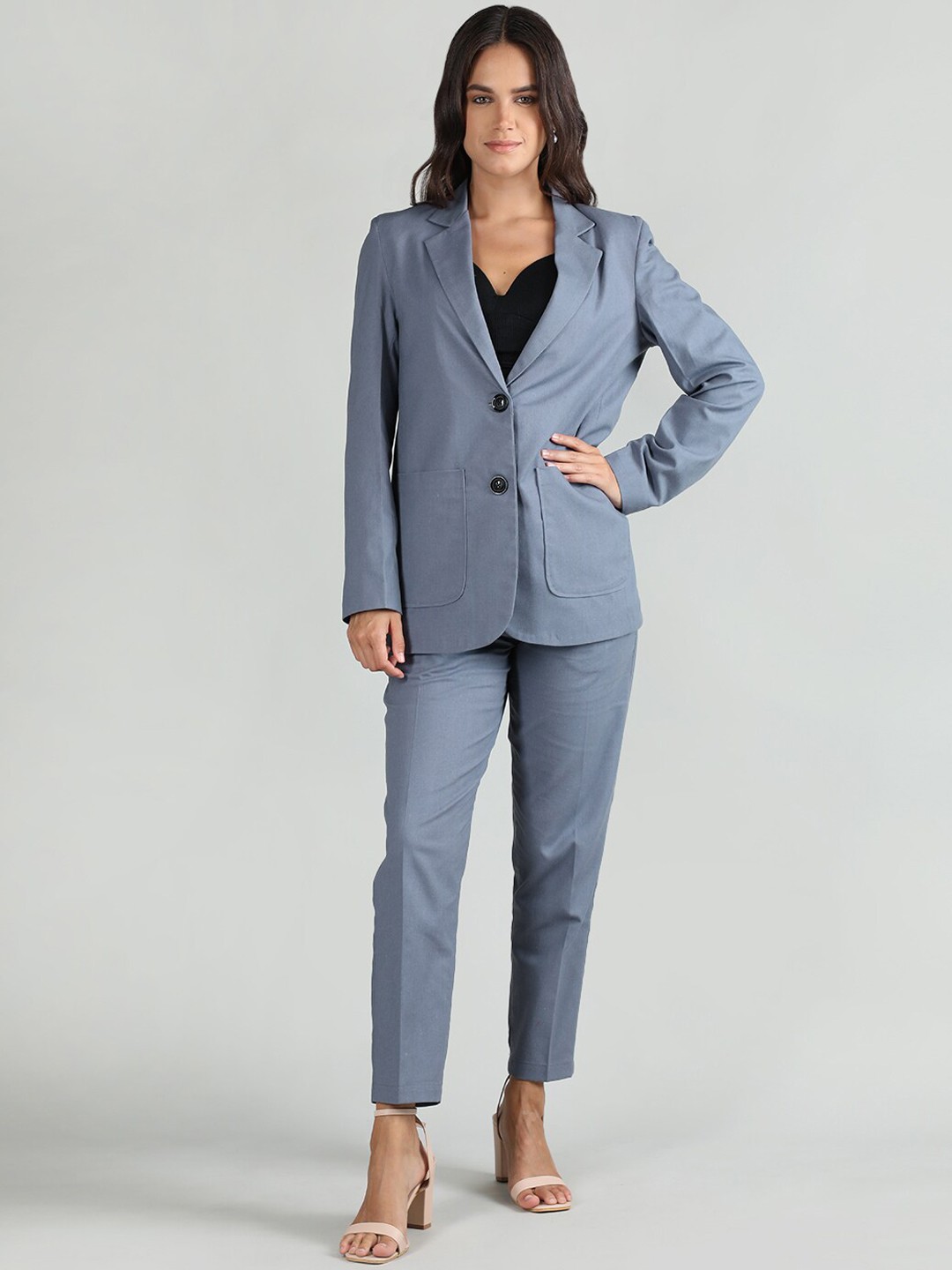 

CHKOKKO Notched Lapel Collar Single-Breasted Linen Two-Piece Suit, Blue