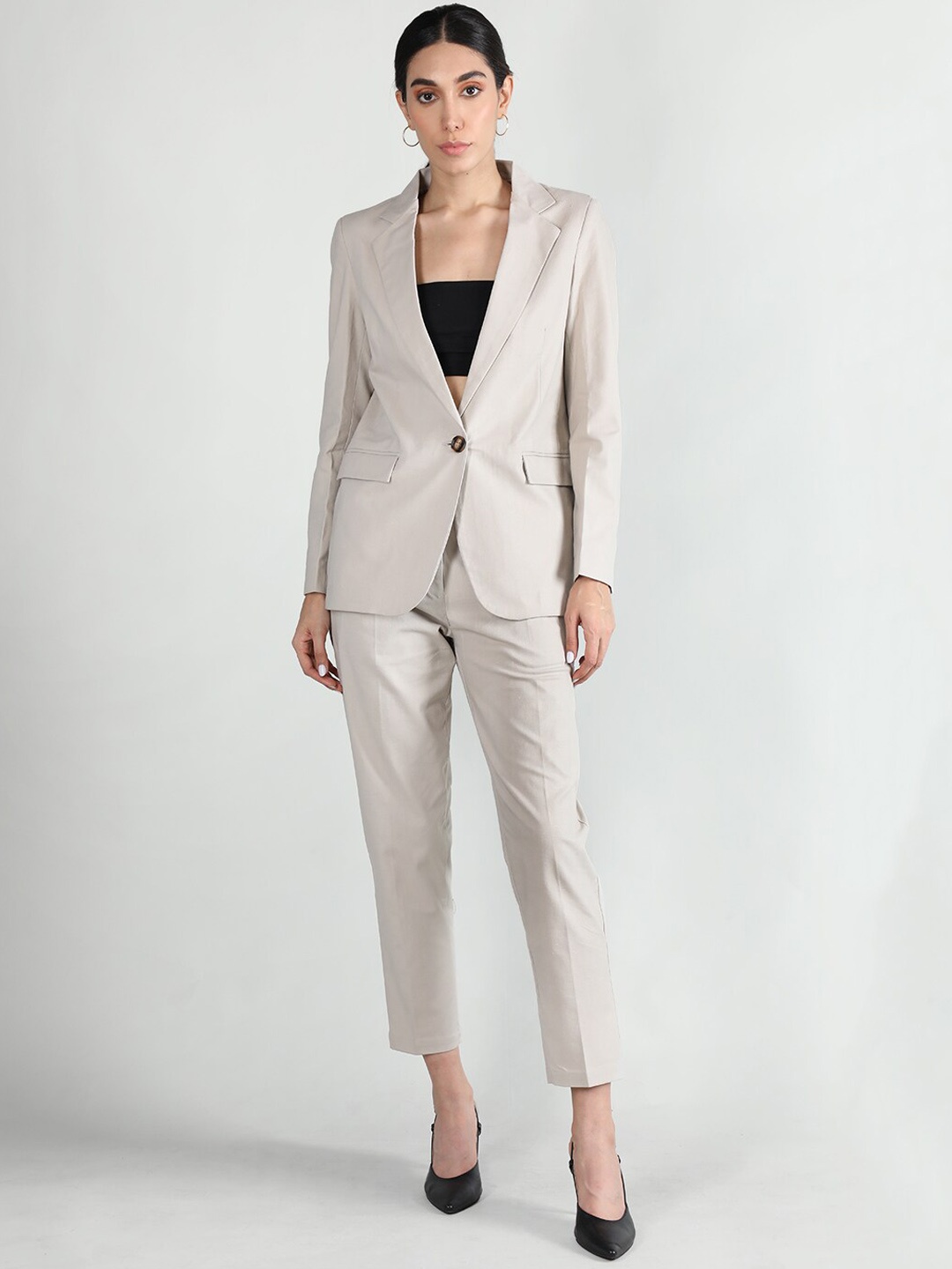 

CHKOKKO Notched Lapel Collar Single-Breasted Linen Two-Piece Suit, Beige