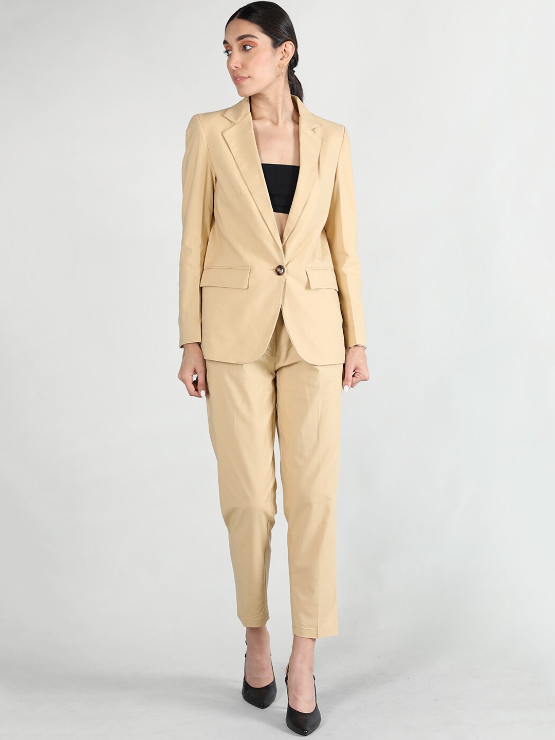 

CHKOKKO Notched Lapel Collar Single-Breasted Linen Two-Piece Suit, Camel brown