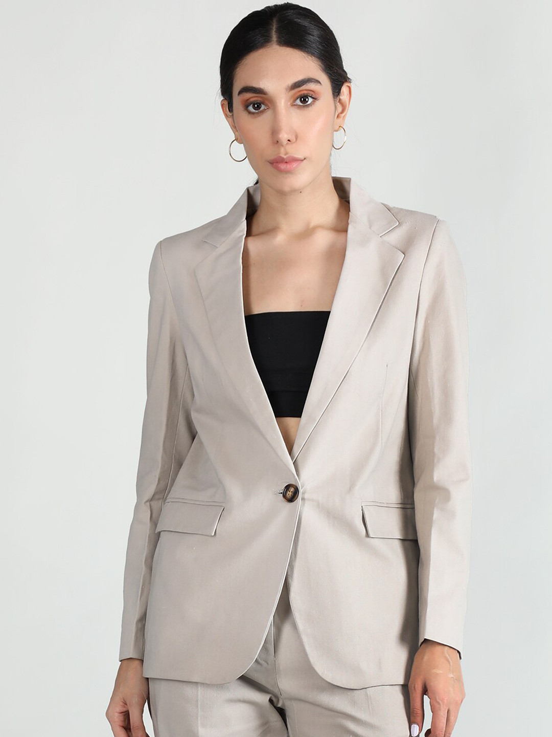 

CHKOKKO Single-Breasted Notched Lapel Linen Casual Blazer, Beige